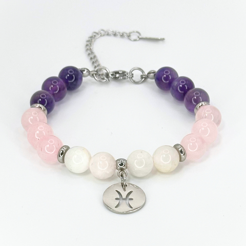 PISCES ENERGY - AMETHYST, ROSE QUARTZ AND MOONSTONE 8MM NATURAL STONE BEADS, LOBSTER CLASP + 2 IN. EXTENDER CHAIN STAINLESS STEEL