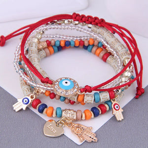 RED - MULTILAYER EVIL EYE & HAMSA BOHEMIAN STRETCH BEADED BRACELETS