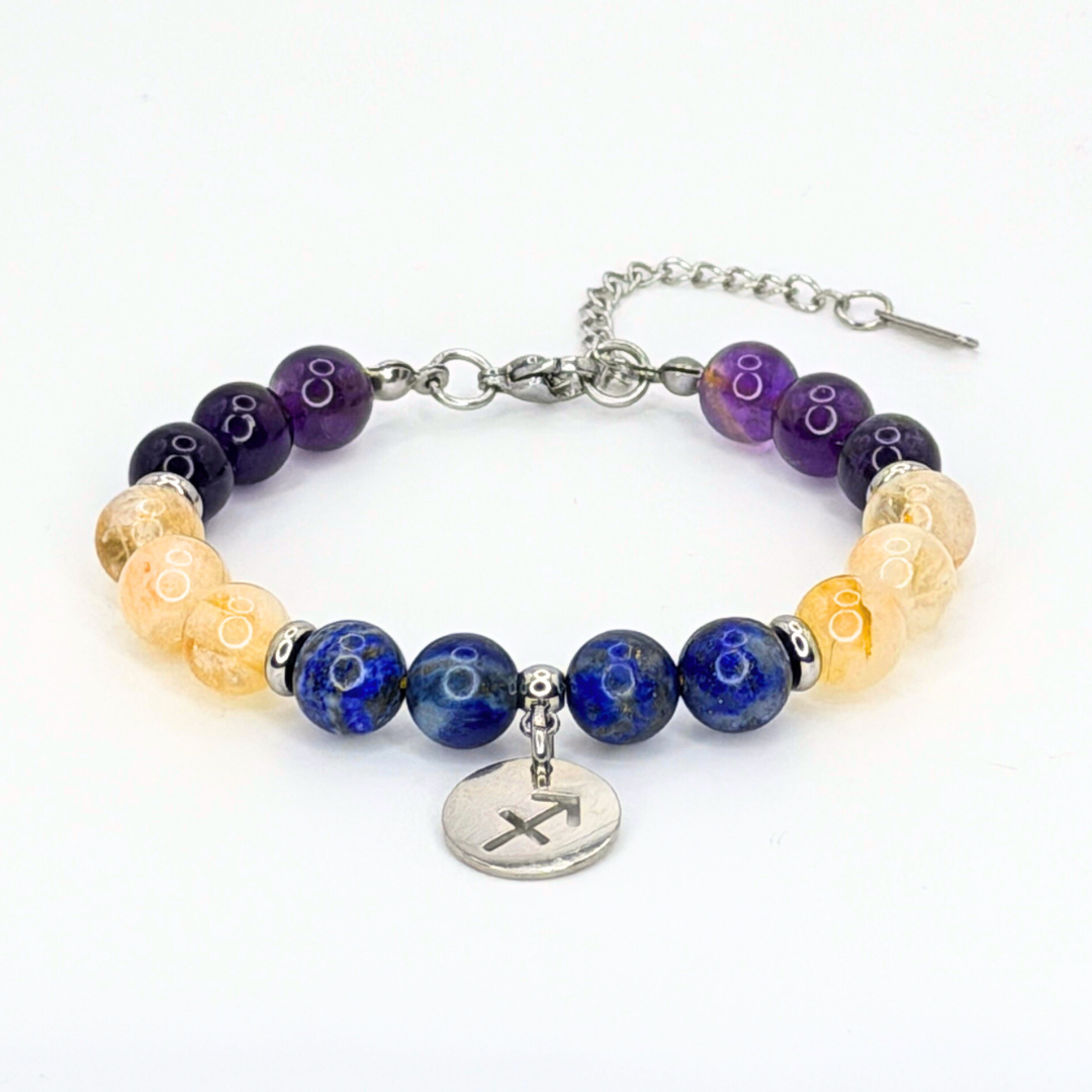 SAGITTARIUS ENERGY - AMETHYST, CITRINE AND LAPIS LAZULI  8MM NATURAL STONE BEADS, LOBSTER CLASP + 2 IN. EXTENDER CHAIN STAINLESS STEEL