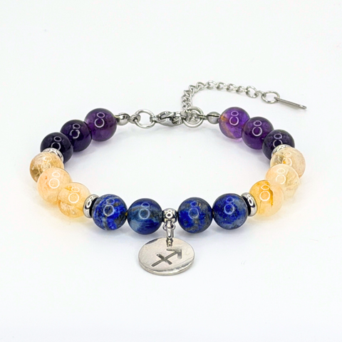 SAGITTARIUS ENERGY - AMETHYST, CITRINE AND LAPIS LAZULI  8MM NATURAL STONE BEADS, LOBSTER CLASP + 2 IN. EXTENDER CHAIN STAINLESS STEEL