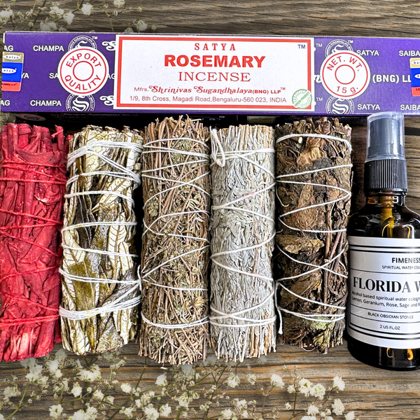 SMUDGE KIT - 5 HERB SMUDGE STICKS, ROSEMARY INCENSE AND CRYSTAL INFUSED MOON CHARGED FLORIDA WATER SPRAY