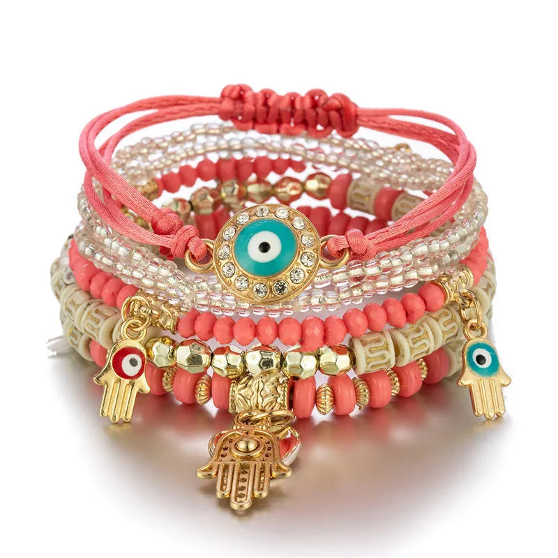 CORAL - MULTILAYER EVIL EYE & HAMSA BOHEMIAN STRETCH BEADED BRACELETS