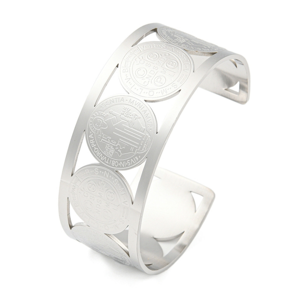 PULSERA DE ACERO INOXIDABLE CON TRIPLE MEDALLA DE SAN BENITO