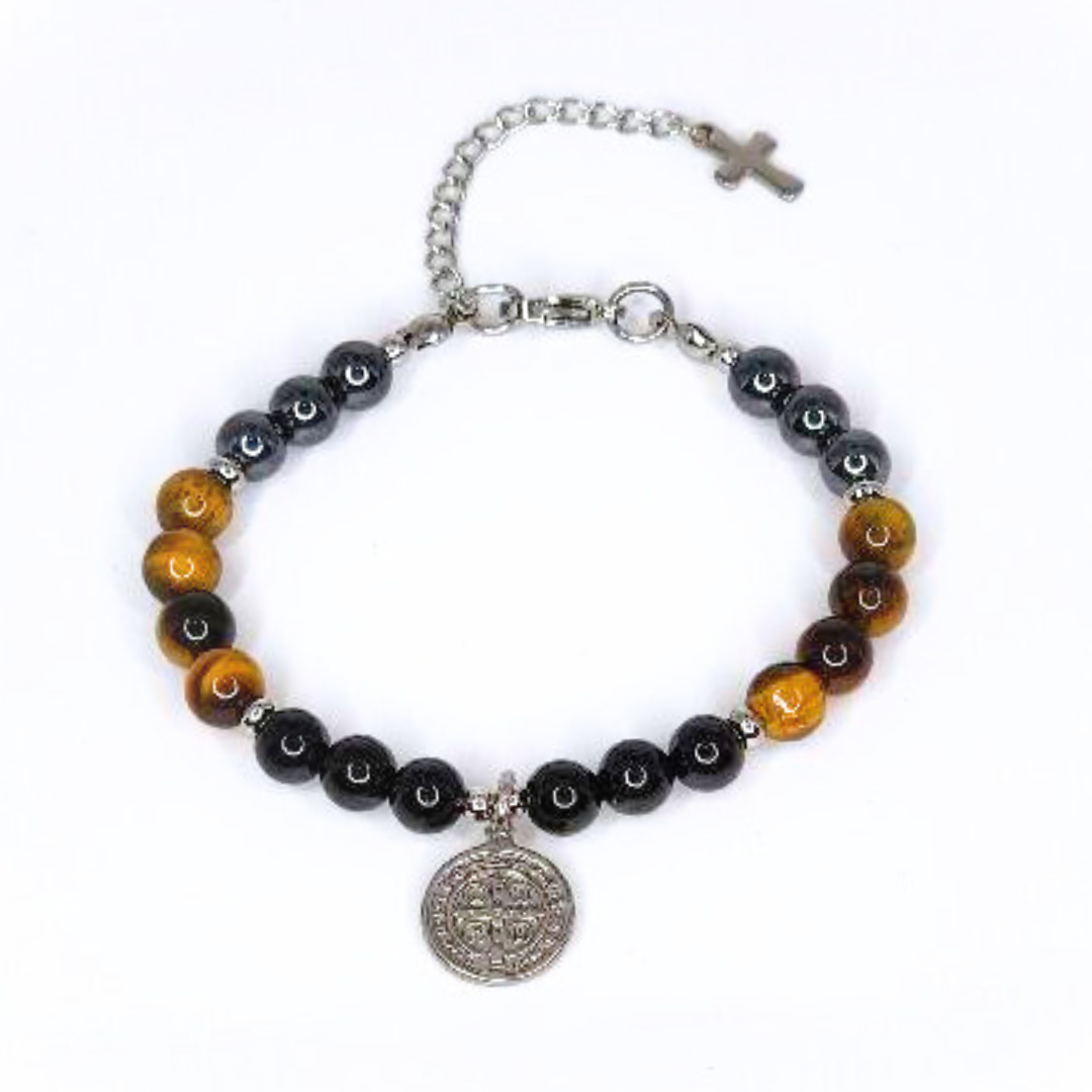 SAN BENITO (ST. BENEDICT) HEMATITE, TIGER'S EYE AND BLACK TOURMALINE, LOBSTER CLASP + EXTENDER CHAIN STAINLESS STEEL