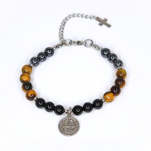 SAN BENITO (ST. BENEDICT) HEMATITE, TIGER'S EYE AND BLACK TOURMALINE, LOBSTER CLASP + EXTENDER CHAIN STAINLESS STEEL