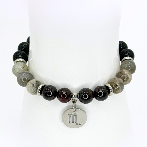 SCORPIO ENERGY - BLACK OBSIDIAN, LABRADORITE, AND RED GARNET NATURAL STONE BEADS, LOBSTER CLASP + 2 IN. EXTENDER CHAIN STAINLESS STEEL