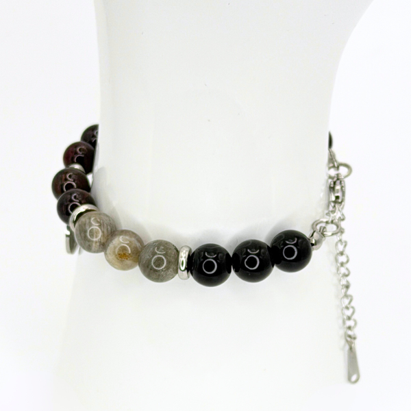 SCORPIO ENERGY - BLACK OBSIDIAN, LABRADORITE, AND RED GARNET NATURAL STONE BEADS, LOBSTER CLASP + 2 IN. EXTENDER CHAIN STAINLESS STEEL