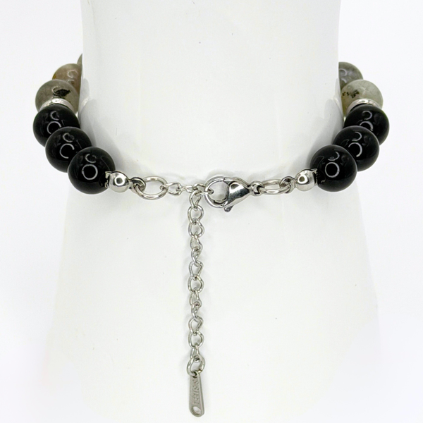 SCORPIO ENERGY - BLACK OBSIDIAN, LABRADORITE, AND RED GARNET NATURAL STONE BEADS, LOBSTER CLASP + 2 IN. EXTENDER CHAIN STAINLESS STEEL