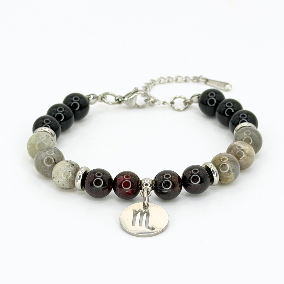 SCORPIO ENERGY - BLACK OBSIDIAN, LABRADORITE, AND RED GARNET NATURAL STONE BEADS, LOBSTER CLASP + 2 IN. EXTENDER CHAIN STAINLESS STEEL