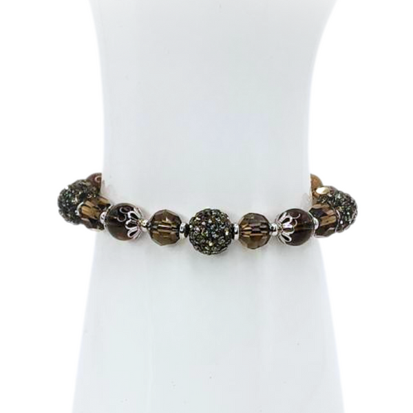 SMOKY QUARTZ BRACELET - FACETED GLASS BEADS AND POLYMER CLAY RHINESTONE BEADS COMBINATION