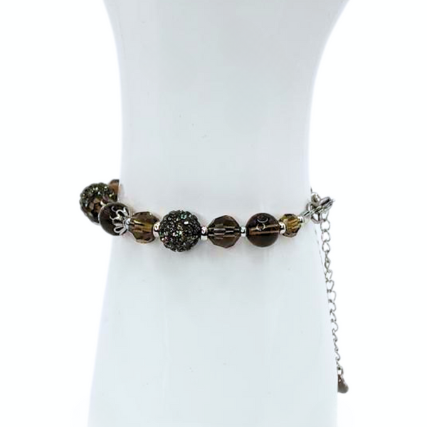 SMOKY QUARTZ BRACELET - FACETED GLASS BEADS AND POLYMER CLAY RHINESTONE BEADS COMBINATION