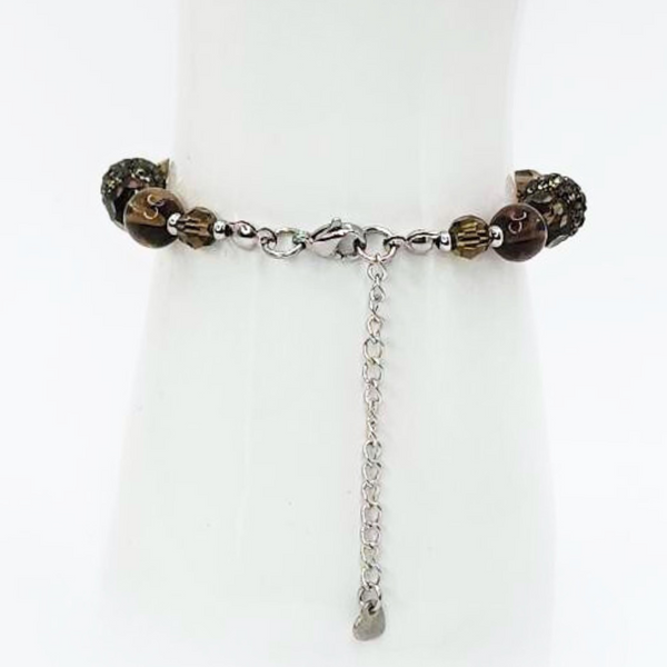SMOKY QUARTZ BRACELET - FACETED GLASS BEADS AND POLYMER CLAY RHINESTONE BEADS COMBINATION