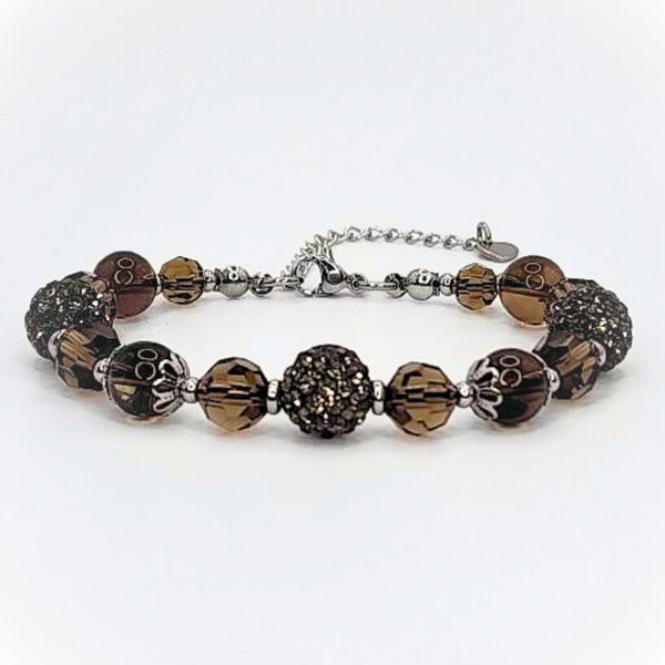 SMOKY QUARTZ BRACELET - FACETED GLASS BEADS AND POLYMER CLAY RHINESTONE BEADS COMBINATION