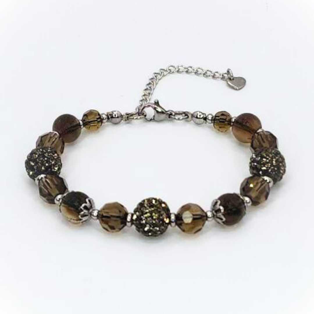 SMOKY QUARTZ BRACELET - FACETED GLASS BEADS AND POLYMER CLAY RHINESTONE BEADS COMBINATION
