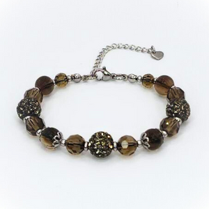 SMOKY QUARTZ BRACELET - FACETED GLASS BEADS AND POLYMER CLAY RHINESTONE BEADS COMBINATION