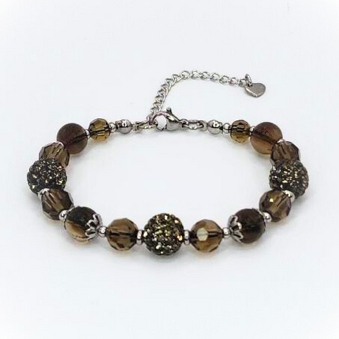 SMOKY QUARTZ BRACELET - FACETED GLASS BEADS AND POLYMER CLAY RHINESTONE BEADS COMBINATION