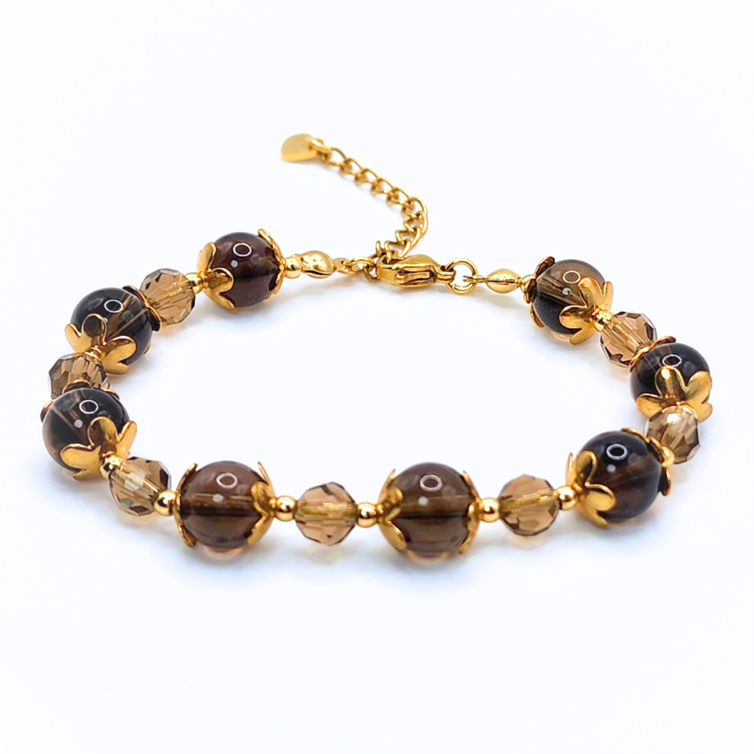 SMOKY QUARTZ SMOOTH ROUND 8MM 18K GOLD PLATED STAINLESS STEEL BRACELET