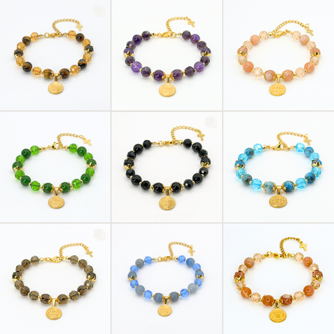 ST. BENEDICT 18K GOLD PLATED, NATURAL STONE BEADS, LOBSTER CLASP + 2 IN. EXTENDER CHAIN MINI CROSS CHARM STAINLESS STEEL
