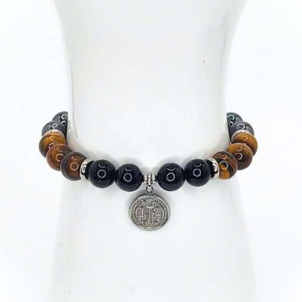 SAN BENITO (ST. BENEDICT) HEMATITE, TIGER'S EYE AND BLACK TOURMALINE, LOBSTER CLASP + EXTENDER CHAIN STAINLESS STEEL