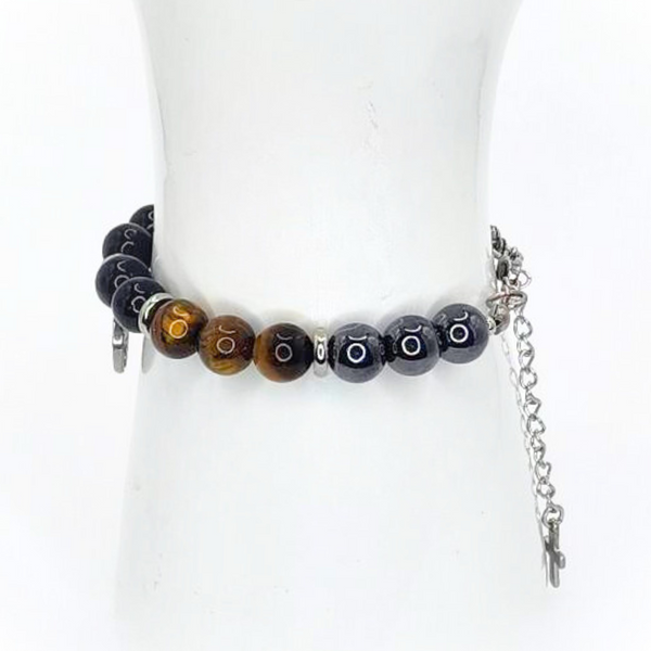 SAN BENITO (ST. BENEDICT) HEMATITE, TIGER'S EYE AND BLACK TOURMALINE, LOBSTER CLASP + EXTENDER CHAIN STAINLESS STEEL