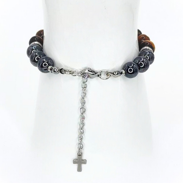 SAN BENITO (ST. BENEDICT) HEMATITE, TIGER'S EYE AND BLACK TOURMALINE, LOBSTER CLASP + EXTENDER CHAIN STAINLESS STEEL