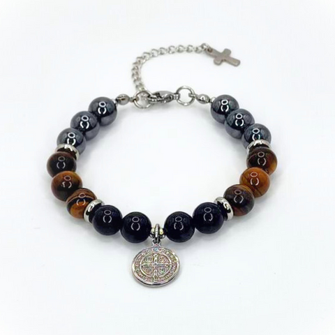 SAN BENITO (ST. BENEDICT) HEMATITE, TIGER'S EYE AND BLACK TOURMALINE, LOBSTER CLASP + EXTENDER CHAIN STAINLESS STEEL