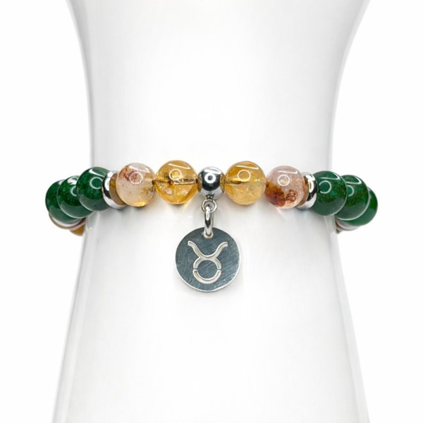 TAURUS ENERGY - TIGER'S EYE, GREEN JADE AND CITRINE NATURAL STONE BEADS, LOBSTER CLASP + 2 IN. EXTENDER CHAIN STAINLESS STEEL