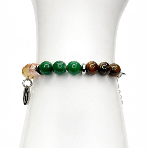 TAURUS ENERGY - TIGER'S EYE, GREEN JADE AND CITRINE NATURAL STONE BEADS, LOBSTER CLASP + 2 IN. EXTENDER CHAIN STAINLESS STEEL