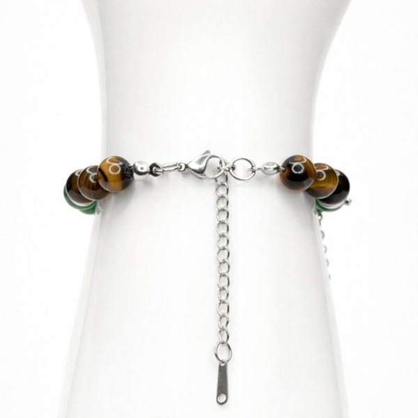 TAURUS ENERGY - TIGER'S EYE, GREEN JADE AND CITRINE NATURAL STONE BEADS, LOBSTER CLASP + 2 IN. EXTENDER CHAIN STAINLESS STEEL