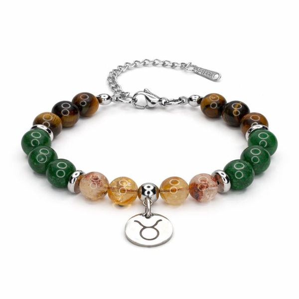 TAURUS ENERGY - TIGER'S EYE, GREEN JADE AND CITRINE NATURAL STONE BEADS, LOBSTER CLASP + 2 IN. EXTENDER CHAIN STAINLESS STEEL