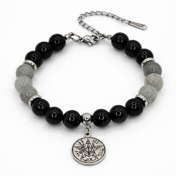 TETRAGRAMMATON - OBSIDIAN, LABRADORITE AND BLACK TOURMALINE 8MM SMOOTH ROUND NATURAL STONE BEADED BRACELET STAINLESS STEEL