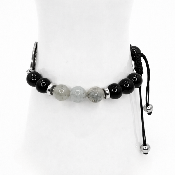 TETRAGRAMMATON - OBSIDIAN, LABRADORITE AND BLACK TOURMALINE 8MM SMOOTH ROUND NATURAL STONE BEADED BRACELET STAINLESS STEEL