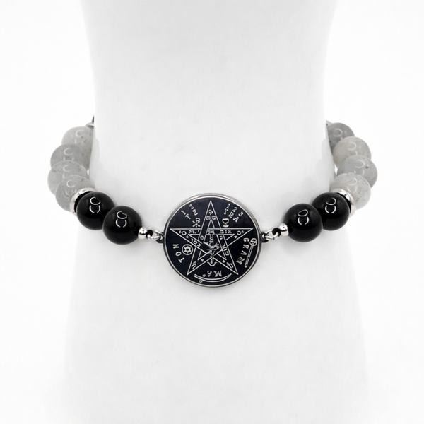 TETRAGRAMMATON - OBSIDIAN, LABRADORITE AND BLACK TOURMALINE 8MM SMOOTH ROUND NATURAL STONE BEADED BRACELET STAINLESS STEEL