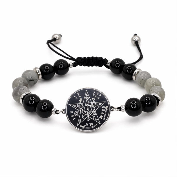 TETRAGRAMMATON - OBSIDIAN, LABRADORITE AND BLACK TOURMALINE 8MM SMOOTH ROUND NATURAL STONE BEADED BRACELET STAINLESS STEEL