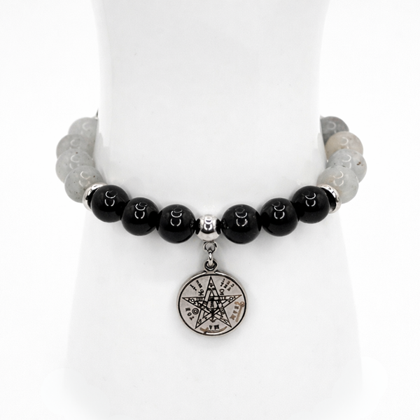 TETRAGRAMMATON - OBSIDIAN, LABRADORITE AND BLACK TOURMALINE 8MM SMOOTH ROUND NATURAL STONE BEADED BRACELET STAINLESS STEEL