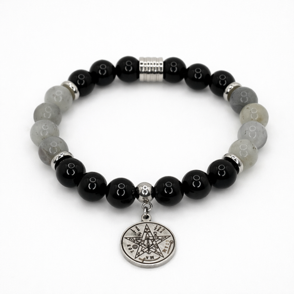 TETRAGRAMMATON - OBSIDIAN, LABRADORITE AND BLACK TOURMALINE 8MM SMOOTH ROUND NATURAL STONE BEADED BRACELET STAINLESS STEEL