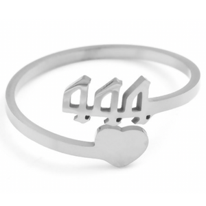 444 ANGEL NUMBER HEART OPEN ADJUSTABLE RING STAINLESS STEEL