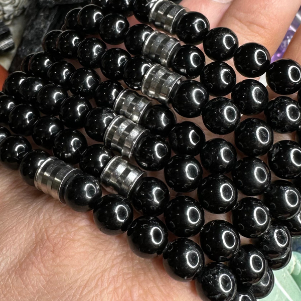 7 CHAKRA BLACK TOURMALINE SMOOTH ROUND STRETCH BRACELET