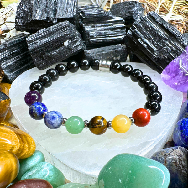 7 CHAKRA BLACK TOURMALINE SMOOTH ROUND STRETCH BRACELET