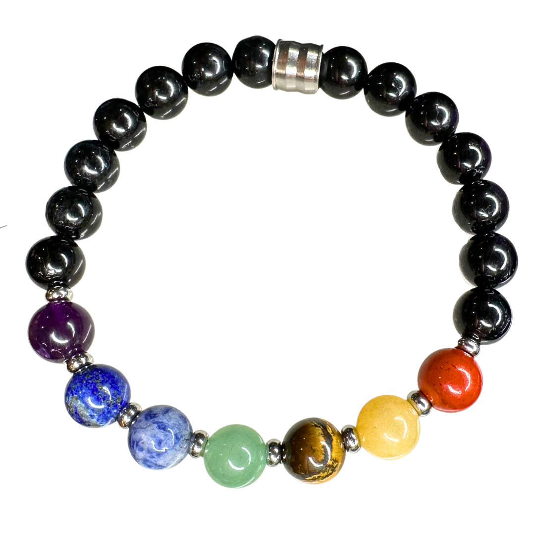 7 CHAKRA BLACK TOURMALINE SMOOTH ROUND STRETCH BRACELET