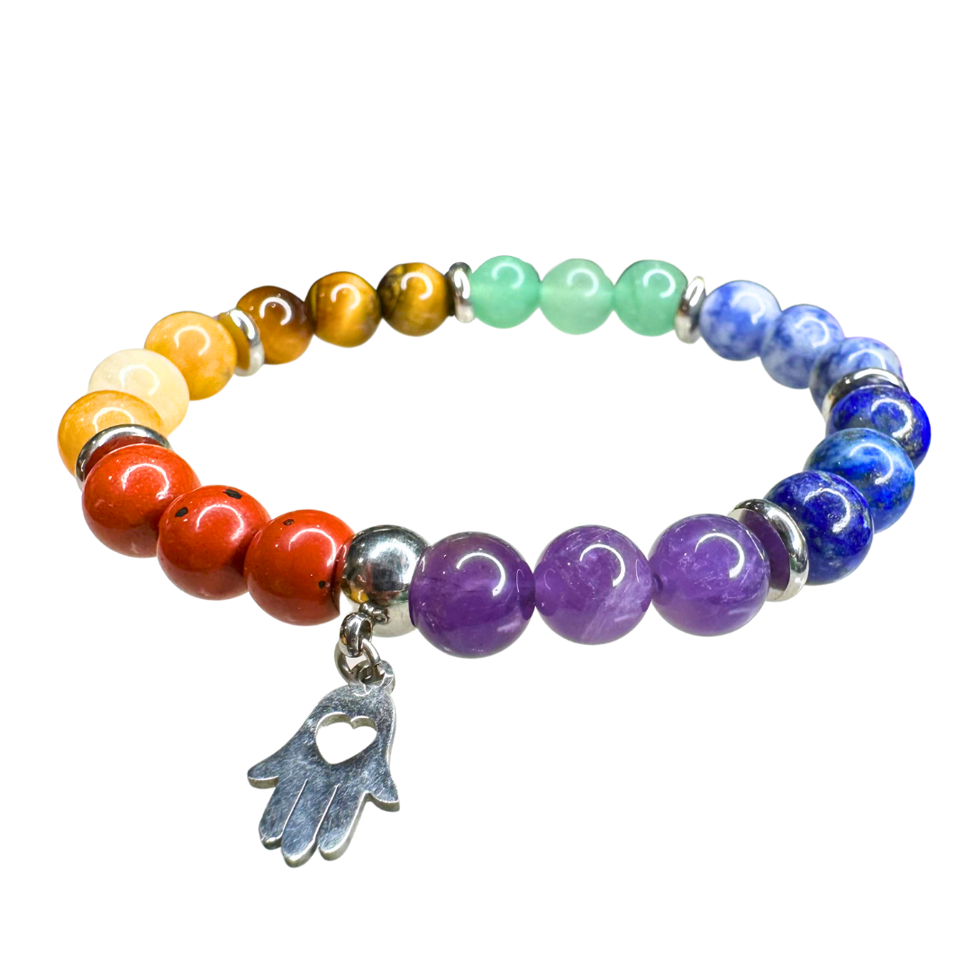 7 CHAKRA HAMSA HAND SMOOTH ROUND 8.5 MM STRETCH BRACLET