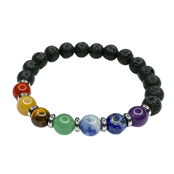 7 CHAKRA LAVA ROCK SMOOTH ROUND STRETCH BRACELET