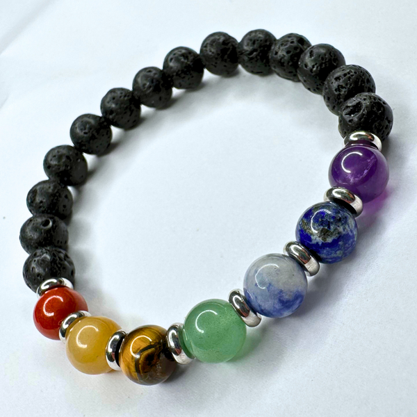 7 CHAKRA LAVA ROCK SMOOTH ROUND STRETCH BRACELET