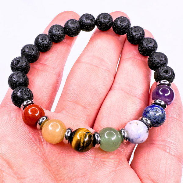 7 CHAKRA LAVA ROCK SMOOTH ROUND STRETCH BRACELET