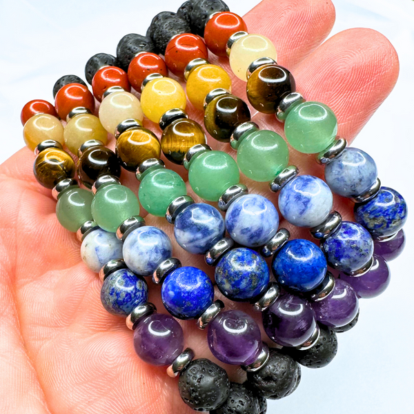 7 CHAKRA LAVA ROCK SMOOTH ROUND STRETCH BRACELET