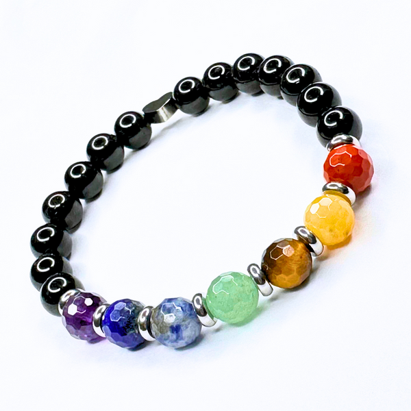 7 CHAKRA BLACK TOURMALINE FACETED WITH HEART CHARM STRETCH BRACELET