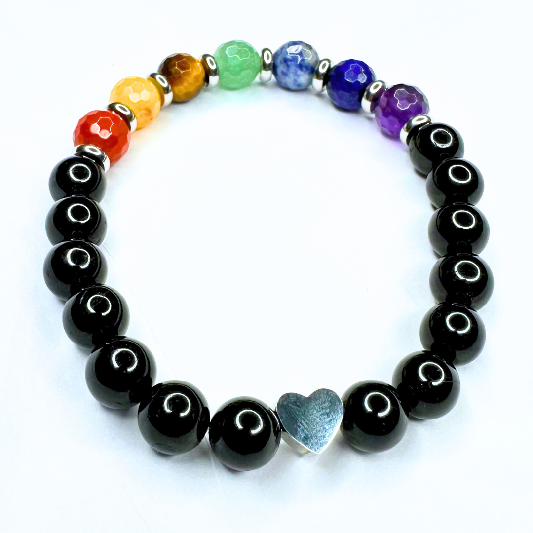 7 CHAKRA BLACK TOURMALINE FACETED WITH HEART CHARM STRETCH BRACELET