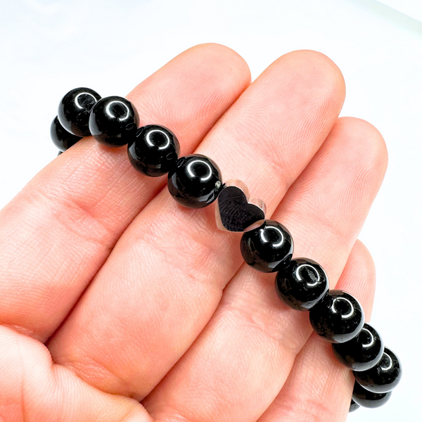 7 CHAKRA BLACK TOURMALINE FACETED WITH HEART CHARM STRETCH BRACELET