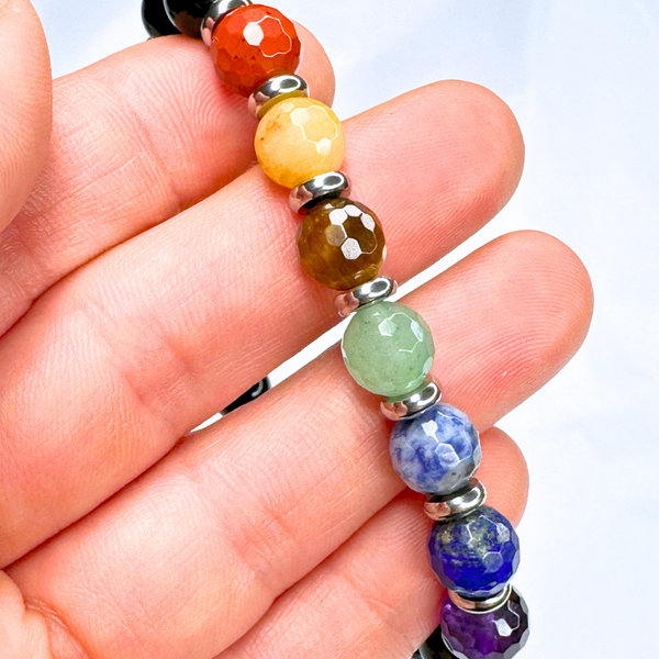 7 CHAKRA BLACK TOURMALINE FACETED WITH HEART CHARM STRETCH BRACELET