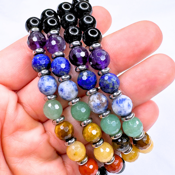 7 CHAKRA BLACK TOURMALINE FACETED WITH HEART CHARM STRETCH BRACELET